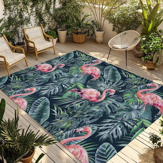 Pink Flamingo Outdoor Rug for Patio/Deck/Porch, Non-Slip Large Area Rug 3 x 5 Ft, Summer Watercolor Tropical Green Palm Leaves Indoor Outdoor Rugs Washable Area Rugs, Camping Rug Carpet Runner