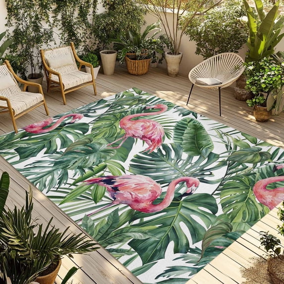 Pink Flamingo Outdoor Rug for Patio/Deck/Porch, Non-Slip Large Area Rug 4 x 6 Ft, Summer Tropical Plants Green Leaves Indoor Outdoor Rugs Washable Area Rugs, Reversible Camping Rug Carpet Runner