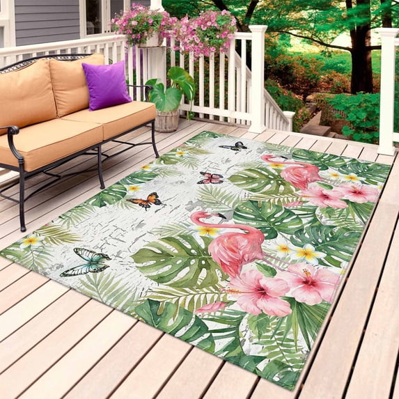 Pink Flamingo Outdoor Rug for Patio/Deck/Porch, Non-Slip Large Area Rug 5 x 7 Ft, Summer Tropical Palm Leaves Floral Wooden Indoor Outdoor Rugs Washable Area Rugs, Camping Rug Carpet Runner