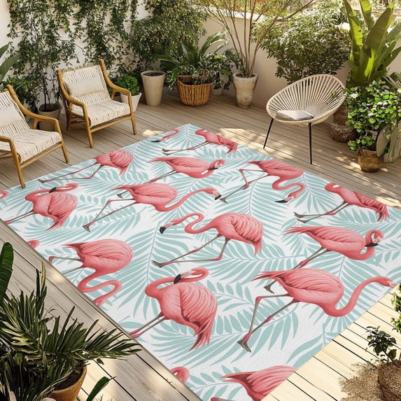 Pink Flamingo Outdoor Rug for Patio/Deck/Porch, Non-Slip Large Area Rug 6 x 9 Ft, Blue Summer Tropical Plants Leaves Indoor Outdoor Rugs Washable Area Rugs, Reversible Camping Rug Carpet Runner