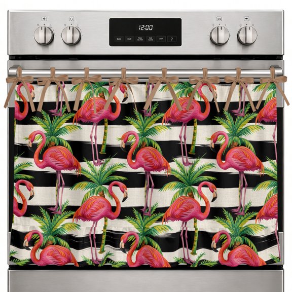 Pink Flamingo Oven Curtain with Tie Top, Palm Leaf White Black Striped Vintage Oven Skirt Curtains with Tie Top Cabinet Cover Curtain for Small Kitchen Apartment Decor 27 x 20 Inches