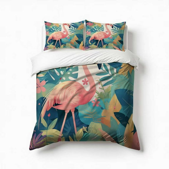 Pink Flamingo Palm Leaves Tropical Bedding Set 3 Pcs Soft Microfiber Quilt Cover For Bedroom Decor, Comforter Cover With 2 Pillowcase