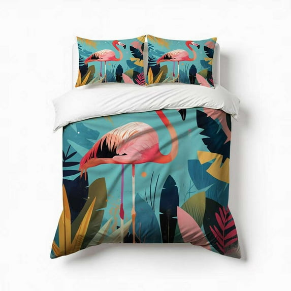 Pink Flamingo Palm Leaves Tropical Bedding Set 3 Pcs Soft Microfiber Quilt Cover For Bedroom Decor, Comforter Cover With 2 Pillowcase