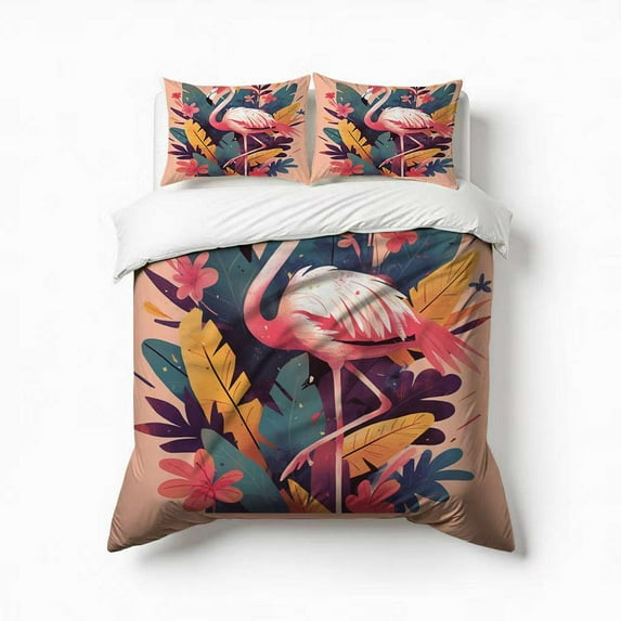 Pink Flamingo Palm Leaves Tropical Bedding Set 3 Pcs Soft Microfiber Quilt Cover For Bedroom Decor, Comforter Cover With 2 Pillowcase