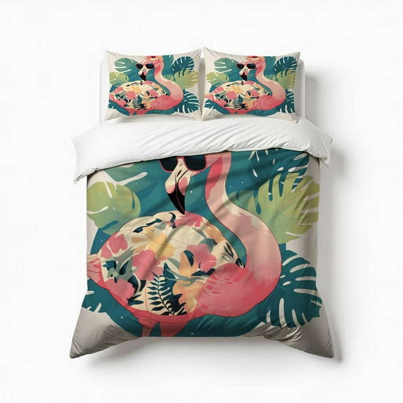 Pink Flamingo Palm Leaves Tropical Bedding Set 3 Pcs Soft Microfiber Quilt Cover For Bedroom Decor, Comforter Cover With 2 Pillowcase