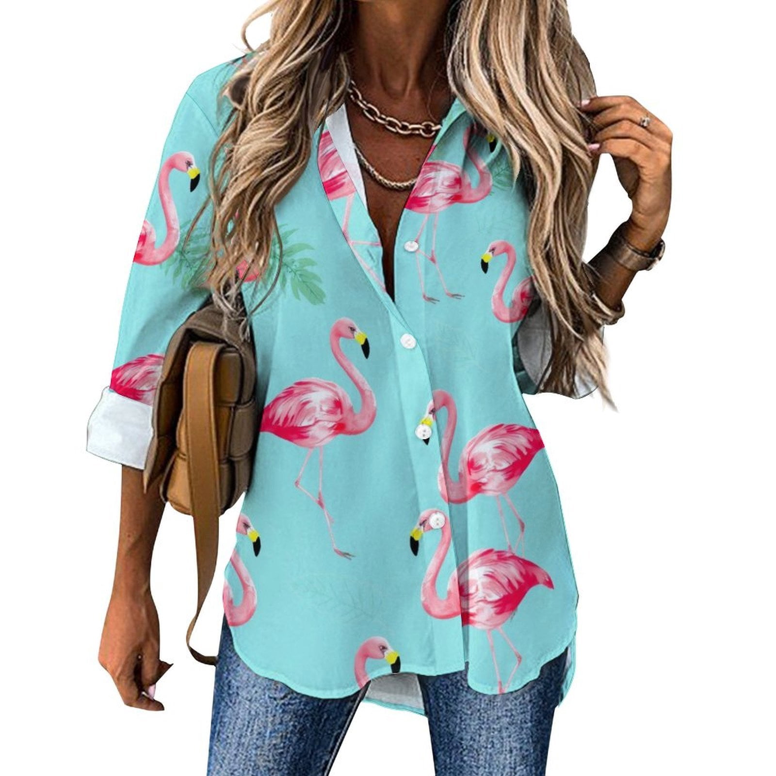 pink-flamingo-pattern-loose-blouse-oversize-blouses-long-sleeve-office