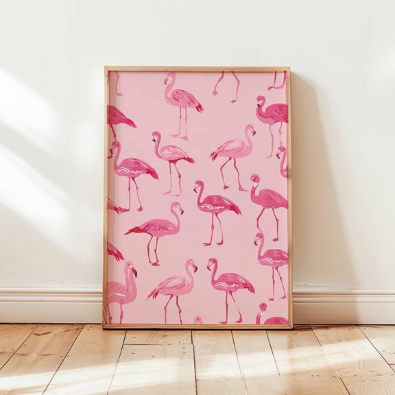 Pink Flamingo Pattern Poster, Cute Bird Wall Art, Tropical Flamingo Print for Kids Room, Playful Pink Animal Decor, Poster Only