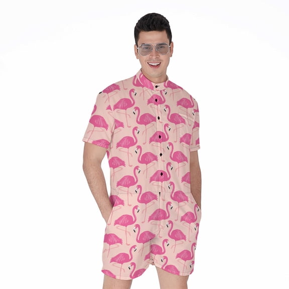 Pink Flamingo Pattern Short Sleeve Men'S Rompers, Flamingos Lover Casual Summer Jumpsuits Outfit