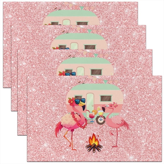 Pink Flamingo Placemats for Dining Table Set of 4, Camping Theme Glitter Printed Place Mats 12x18 Inch for Restaurant,Travel Trailer Camper Adventure Kitchen Table Mats Easy to Clean