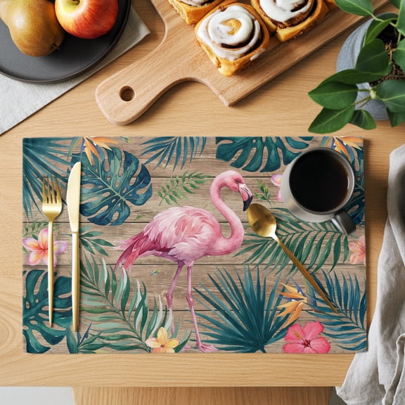 Pink Flamingo Placemats Set of 1, Palm Leaf Summer Coastal Tropical Botanical Wood Grain Non-Slip Place Mats Washable Table Mats for Kitchen Dining Table Decorations Indoor/Outdoor