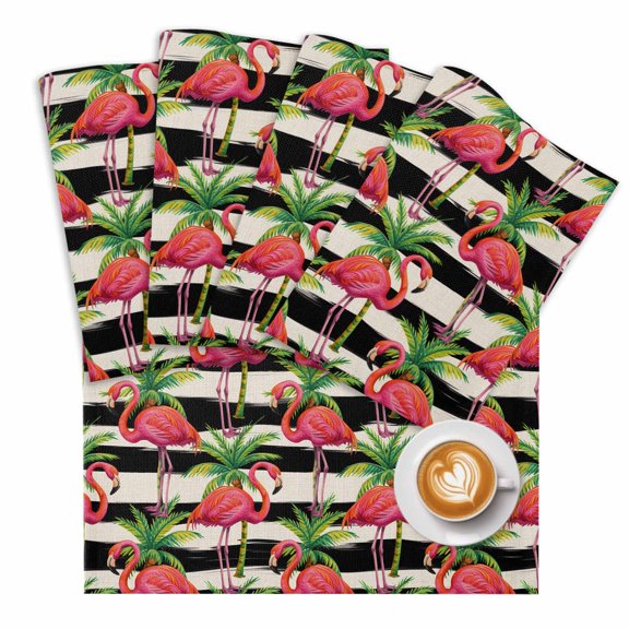 Pink Flamingo Placemats Set of 2 Palm Leaf White Black Striped Vintage Place Mats Washable Table Mats for Party Kitchen Dining Decoration, 13 X 19 Inch
