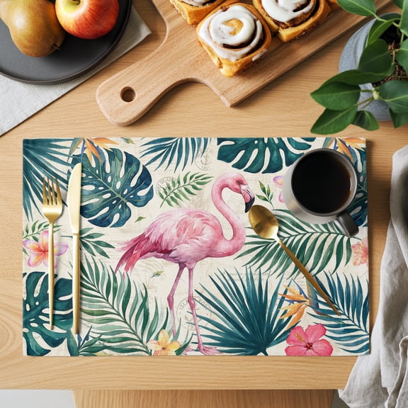 Pink Flamingo Placemats Set of 4, Palm Leaves Tropical Botanical Summer Flower Coastal Non-Slip Place Mats Washable Table Mats for Kitchen Dining Table Decorations Indoor/Outdoor