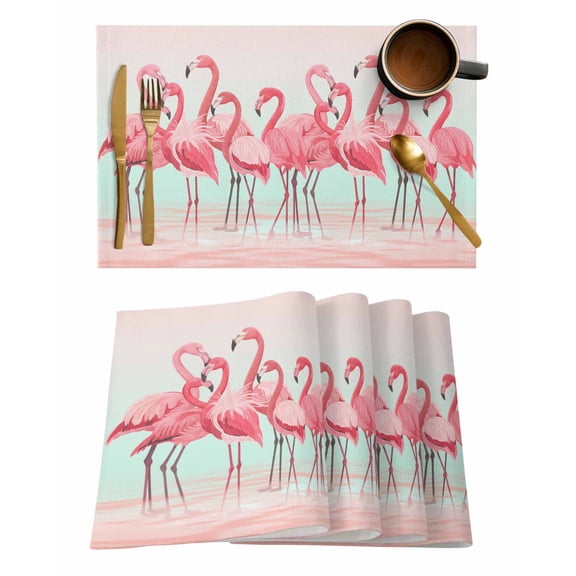 Pink Flamingo Placemats Set of 4, Summer Tropical Flamingo Hawaii Animals Placemats for Dining Table, Place Mats for Kitchen Tabletop, Waterproof Wipeable Dining Table Mats Set