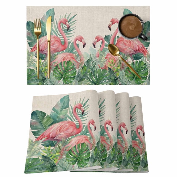 Pink Flamingo Placemats Set of 4 Summer Tropical Palm Leaves Burlap Place Mats Indoor Wipeable Table Mats Washable Cloth Dining Table Placemats for Kitchen Holiday Party Home Decor 13x19 Inch