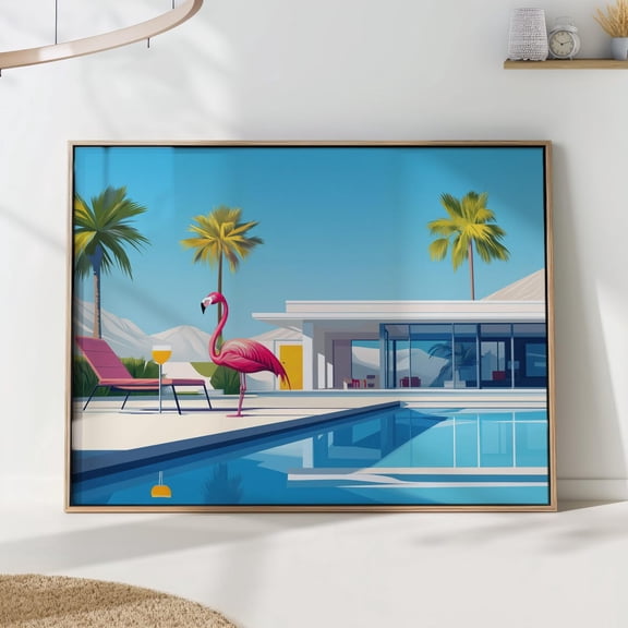 Pink Flamingo Pool Art Mid Century Modern Tropical Retro Decor Unframed Paper Print