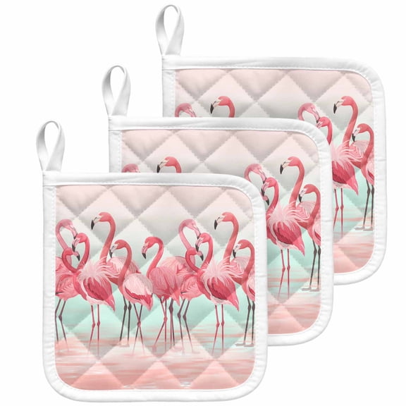 Pink Flamingo Pot Holders for Kitchen Heatproof Potholder, 3 Pack Summer Tropical Flamingo Hawaii Animals Hot Pads Multipurpose Oven Pads Cloth Potholders Trivet for Cooking Baking