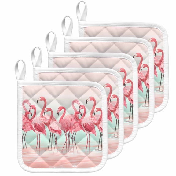 Pink Flamingo Pot Holders for Kitchen Heatproof Potholder, 5 Pack Summer Tropical Flamingo Hawaii Animals Hot Pads Multipurpose Oven Pads Cloth Potholders Trivet for Cooking Baking