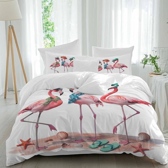 Pink Flamingo Queen Size Comforter Set, Abstract Animals on The Beach Seaside Bedding for All Seasons, 4 Pcs Bed Set, 1Quiltcover (90"x92") ,1Sheet(94"x116"), 2Pillowcases (30"x20")