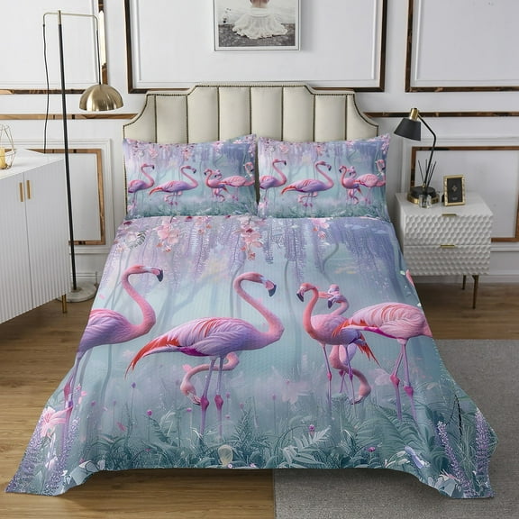 Pink Flamingo Quilt Set Woodland Animals Bedspread Set Queen,Botanical Flowers Coverlet Set Jungle Leaves Quilted,Wildlife Room Decor