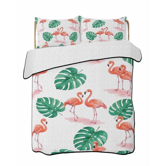 Pink Flamingo Quilts Bedding Set California King Summer Animals Tropical Green Palm Leaf Birds Lightweight Quilted Bedspread 3 Piece Bed Quilt with 2 Pillow Shams All Season for Bedroom 96" x 106"