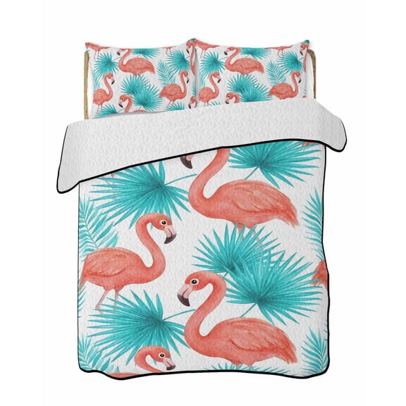 Pink Flamingo Quilts Bedding Set California King Watercolor Summer Animals Tropical Teal Palm Leaf Lightweight Quilted Bedspread 3 Piece Bed Quilt with 2 Pillow Shams for Bedroom 96" x 106"