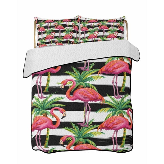 Pink Flamingo Quilts Bedding Set Full Size Palm Leaf White Black Striped Animal Lightweight Quilted Bedspread 3 Piece Bed Quilt with 2 Pillow Shams All Season for Bedroom 68" x 98"