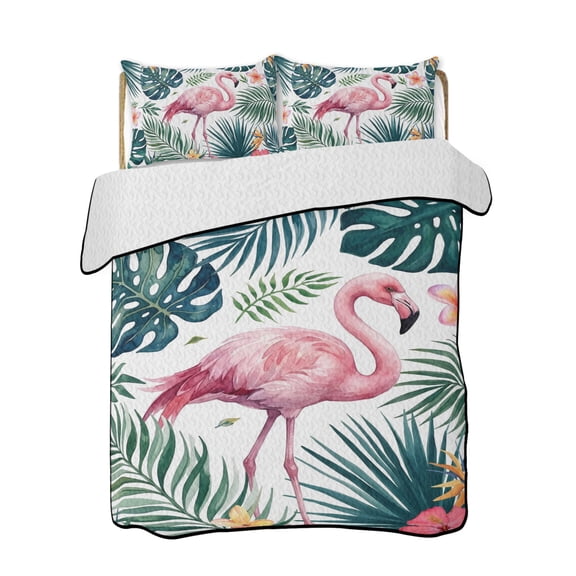 Pink Flamingo Quilts Bedding Set Twin Size Palm Leaf Summer Coastal Tropical Botanical Lightweight Quilted Bedspread 3 Piece Bed Quilt with 2 Pillow Shams All Season for Bedroom 68" x 86"