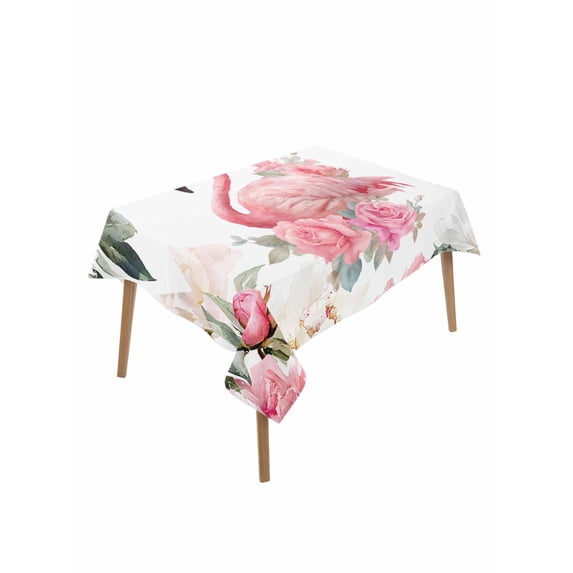 Pink Flamingo Rectangle Tablecloth, Watercolor Flowers Spring Floral Leaf Plant Waterproof & StainResistant Tablecloth, Washable Oil-proof Table Cover for Dining/Party/Wedding/Camping/Buffet 52x70 In