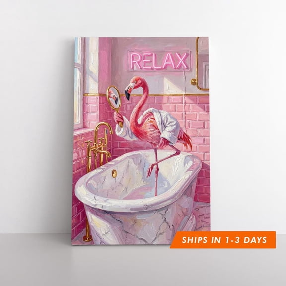 Pink Flamingo Relax Neon Sign Quirky Spa Bathroom Poster, Unframed Poster