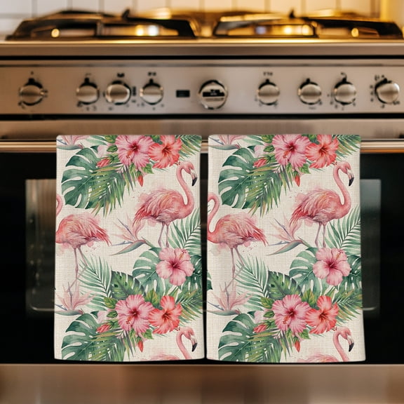 Pink Flamingo Retro Kitchen Towels Set of 1, Summer Tropical Palm Leaves Floral Absorbent Dish Towels for Kitchen, Microfiber Hand Towel, Quick Drying Tea Towel for Cleaning Decorative Dishcloths