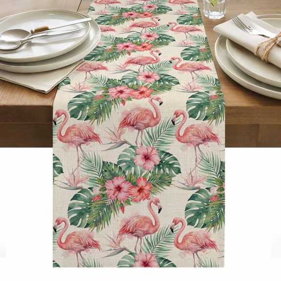 Pink Flamingo Retro Table Runner Summer Tropical Palm Leaves Floral Tablerunners 13 x 108 Inch, Table Decorations Tabletop Scarf for Summer Gathering Holiday Farmhouse Kitchen Dining Decor