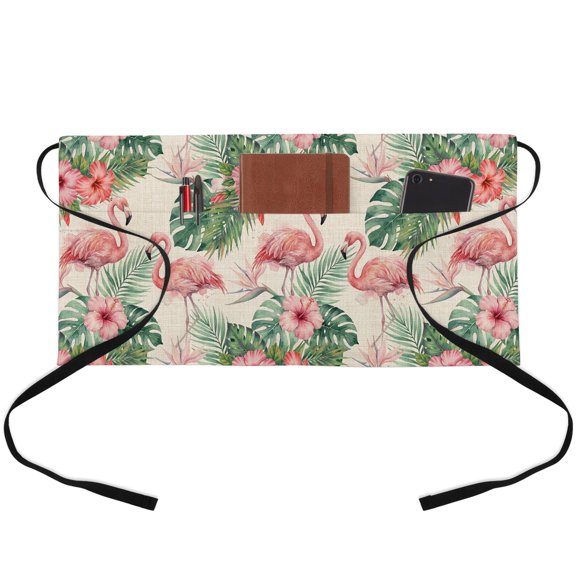 Pink Flamingo Retro Waitress Apron with 3 Pockets, Summer Tropical Palm Leaves Floral Server Aprons Waterproof Kitchen Restaurant Half Waist Apron for Men Women