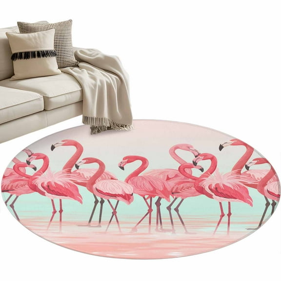 Pink Flamingo Round Area Rug 4 FT, Non Slip Indoor Outdoor Rug, Summer Tropical Flamingo Hawaii Animals Washable Soft Circular Carpet Non-Shedding Floor Mat for Coffee Table Nursery Foyer Balcony