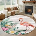 thumbnail image 1 of Pink Flamingo Round Area Rug 8Ft Washable Large Circle Rugs for Living Room Dorm, Floral Summer Botanical Watercolor Wooden Non-Slip Carpet Floor Mats Indoor Outdoor Carpet Runner Home Decor, 1 of 8