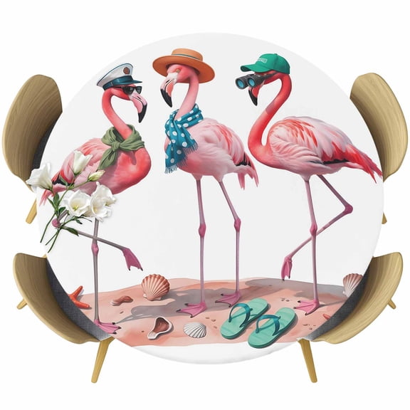 Pink Flamingo Round Fitted Tablecloth with Elastic Edge, Abstract Animals on The Beach Seaside Stretch Table Covers for 36"-44" Tables Wipeable Table Cloth for Outdoor