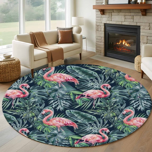 Pink Flamingo Round Living Room Rugs 7 ft, Country Tropical Animal Green Monstera Plant Farmhouse Washable Area Rug with Non-Slip Sturdy Edge Binding Round Carpet for Kitchen Office Bedroom