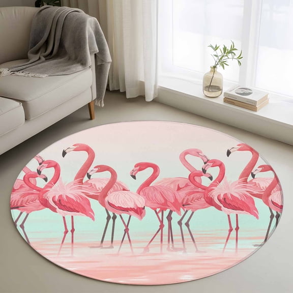 Pink Flamingo Round Rug 3ft Washable Circle Entryway Rugs Non Slip Summer Tropical Flamingo Hawaii Animals Area Rug Indoor Floor Carpet for Bedroom Kitchen Living Room Home Office Dining Room Nursery