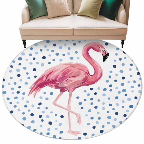 Pink Flamingo Round Rug 7ft Washable Circle Rugs Non Slip Blue Polka Dots Tropical Modern Art Large Area Rug Indoor Floor Carpet for Bedroom Kitchen Living Room Home Office Dining Room Nursery