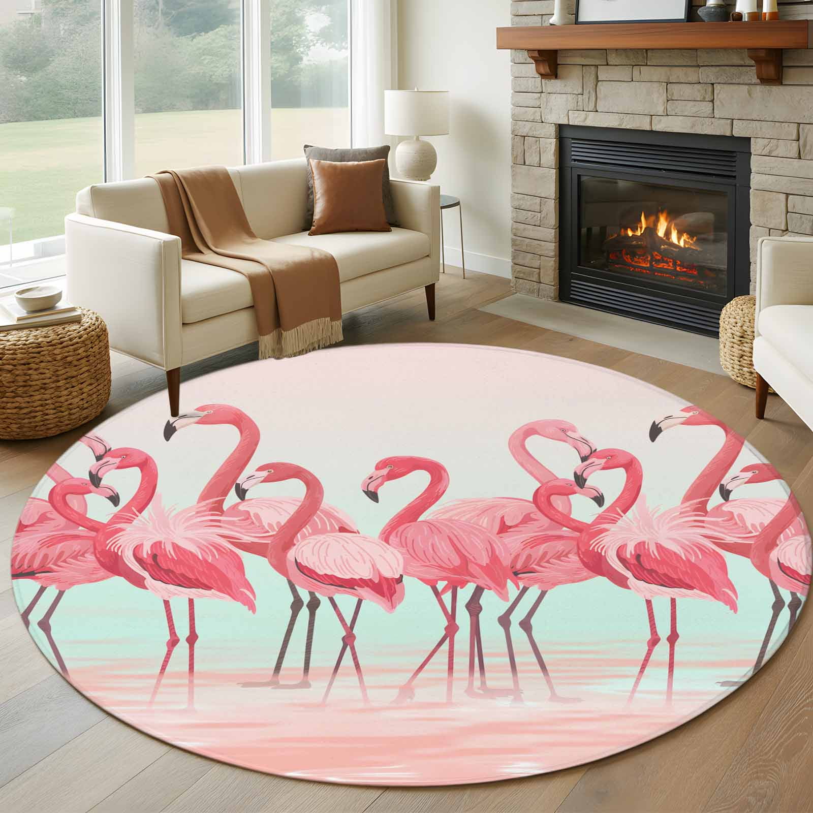 Pink Flamingo Round Rugs 7ft, Summer Tropical Flamingo Hawaii Animals Non Slip Washable Rug Runner, Low Pile Indoor Floor Carpet Mat Bathroom Rugs for Living Room, Bedroom, Kids Room