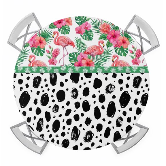 Pink Flamingo Round Table Cover, Boho Hibiscus Floral Leaf Black Dots Patchwork Waterproof Fitted Tablecloths for 36"-44" Tables, Washable Picnic Table Cover for Camping Dining Indoor Outdoor