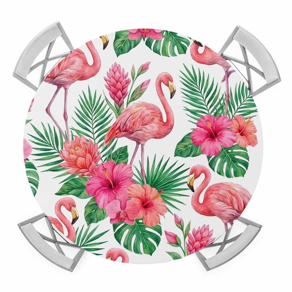 Pink Flamingo Round Table Cover, Boho Tropical Hibiscus Green Leaf Waterproof Fitted Tablecloths for 45"-54" Tables, Washable Picnic Table Cover for Camping Dining Indoor Outdoor