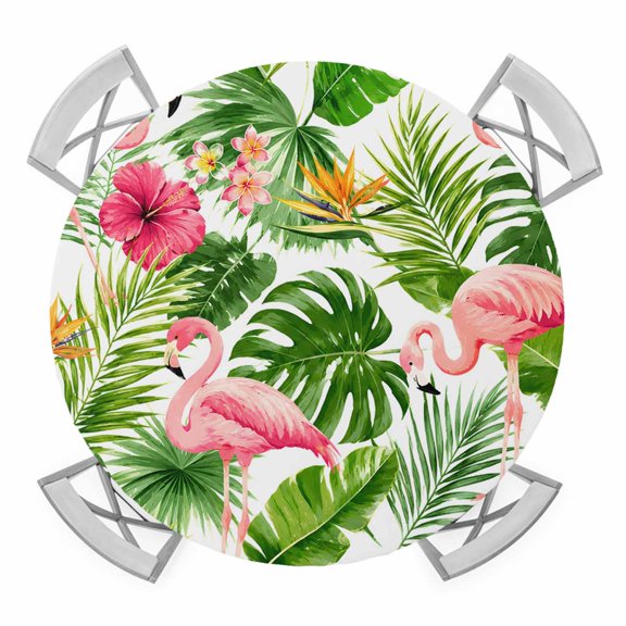 Pink Flamingo Round Table Cover, Summer Tropical Botanical Green Monstera Leaf Flowers Waterproof Fitted Tablecloths for 36"-44" Tables, Washable Picnic Table Cover for Camping Dining Indoor Outdoor