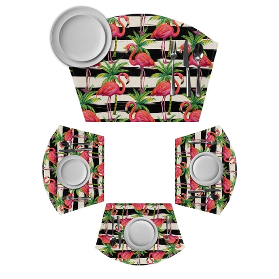 Pink Flamingo Round Table Placemats Set of 2 Wedge Placemats, Palm Leaf Black Striped Tropical Plant Place Mats for Dining Table Set Washable Mats Kitchen Decor for Indoor Outdoor Wipe Clean