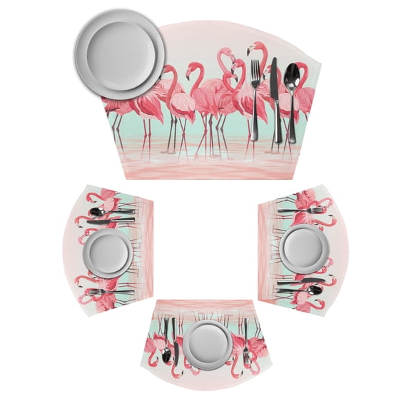 Pink Flamingo Round Table Placemats Set of 6 Wedge Placemats, Summer Tropical Flamingo Hawaii Animals Place Mats for Dining Table Set Washable Mats Kitchen Decor for Indoor Outdoor Wipe Clean