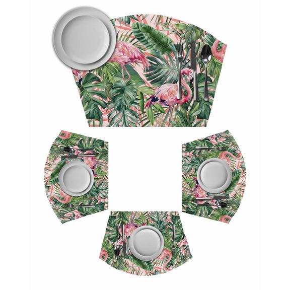 Pink Flamingo Round Table Placemats Set of 6 Wedge Placemats, Summer Tropical Watercolor Plants Green Leaves Place Mats for Dining Table Set Washable Mats Kitchen Decor for Indoor Outdoor Wipe Clean