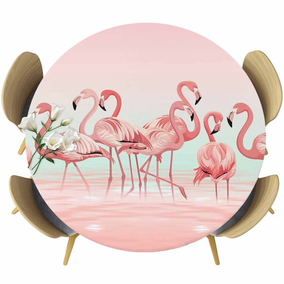 Pink Flamingo Round Tablecloth, Fitted Table Cover with Elastic for 36"-44" Round Tables, Valentine's Day Birds Lake Animals Table Cloth Outdoor Indoor Dinning Party Waterproof Tablecloths