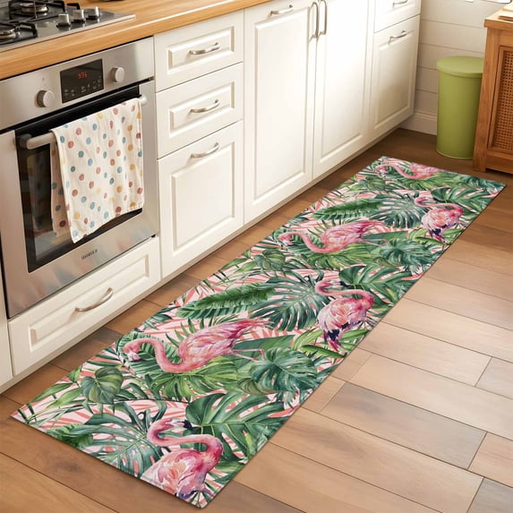 Pink Flamingo Runner Rugs 2x6 ft Country Tropical Animal Green Monstera Leaf Plant Farm Washable Hallway Rugs Non-Slip Floor Mats Absorbent Carpet Bedside Runners for Bedroom Kitchen Bathroom Laundry