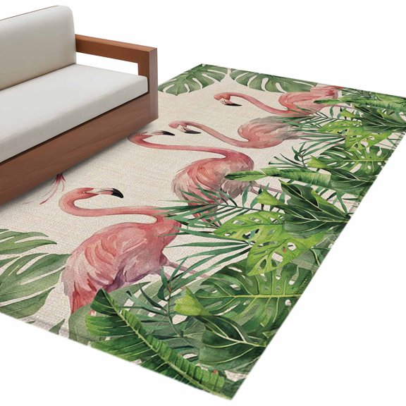 Pink Flamingo Rustic Area Rug 4x6 Washable Rug Non Slip Tropical Summer Palm Leaves Burlap Large Area Rug Indoor Floor Carpet for Entryway Bedroom Kitchen Living Room Home Office Dining Room Nursery
