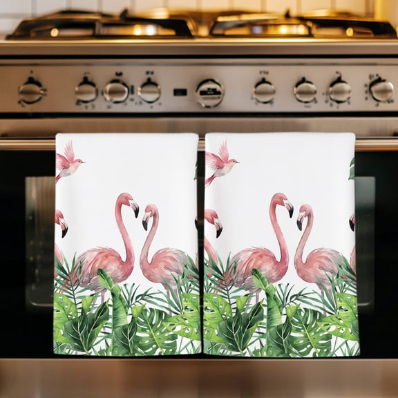Pink Flamingo Rustic Kitchen Towels Set of 1, Tropical Summer Palm Leaves Watercolor Absorbent Dish Towels for Kitchen, Microfiber Hand Towel, Quick Drying Tea Towel for Cleaning Dishcloths