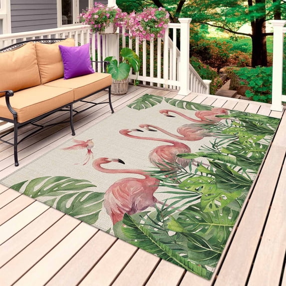 Pink Flamingo Rustic Outdoor Rug for Patio/Deck/Porch, Non-Slip Large Area Rug 5 x 7 Ft, Tropical Summer Palm Leaves Burlap Indoor Outdoor Rugs Washable Area Rugs, Camping Rug Carpet Runner